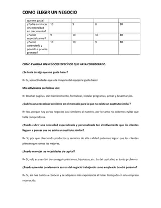 COMO ELEGIR UN NEGOCIO
    que me gusta?
    ¿Podré satisfacer 10                   9                  8                    10
    una necesidad
    en crecimiento?
    ¿Puedo            9                    10                 10                   10
    especializarme?
    ¿Puedo            10                   10                 9                    10
    aprenderlo y
    ponerlo a prueba
    primero?



CÓMO EVALUAR UN NEGOCIO ESPECÍFICO QUE HAYA CONSIDERADO.

¿Se trata de algo que me gusta hacer?

R= Si, son actividades que a la mayoría del equipo le gusta hacer

Mis actividades preferidas son:

R= Diseñar paginas, dar mantenimiento, formatear, instalar programas, armar y desarmar pcs.

¿Cubrirá una necesidad creciente en el mercado para la que no existe un sustituto similar?

R= No, porque hay varios negocios casi similares al nuestro, por lo tanto no podemos evitar que
halla competidores.

¿Puedo cubrir una necesidad especializada y personalizada tan efectivamente que los clientes
lleguen a pensar que no existe un sustituto similar?

R= Si, por que ofreciendo productos y servicios de alta calidad podemos lograr que los clientes
piensen que somos los mejores.

¿Puedo manejar las necesidades de capital?

R= Si, solo es cuestión de conseguir préstamos, hipotecas, etc. Lo del capital no es tanto problema

¿Puedo aprender previamente acerca del negocio trabajando como empleado de otra persona?

R= Si, así nos damos a conocer y se adquiere más experiencia al haber trabajado en una empresa
reconocida.
 