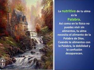La  nutritiva  de tu alma es la  Palabra . Así como en lo físico no puedes vivir sin alimentos, tu alma necesita el alimento de la Palabra de Dios.  Cuando te alimentas con la Palabra, la debilidad y la confusión desaparecen. 
