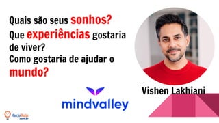Quais são seus sonhos?
Que experiências gostaria
de viver?
Como gostaria de ajudar o
mundo?
Vishen Lakhiani
 