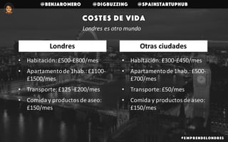 @benjaromero @DigBuzzing @SpainStartupHub
# E mp r endelondr es
Costes de vida
Londres	es	otro	mundo
• Habitación:	£500-£800/mes
• Apartamento	de	1hab.:	£1100-
£1500/mes
• Transporte:	£125	-£200/mes
• Comida	y	productos	de	aseo:	
£150/mes
• Habitación:	£300-£450/mes
• Apartamento	de	1hab.:	£500-
£700/mes
• Transporte:	£50/mes
• Comida	y	productos	de	aseo:	
£150/mes
Otras	ciudadesLondres
 