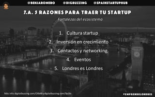 @benjaromero @DigBuzzing @SpainStartupHub
# E mp r endelondr es
7.a. 5 razones para traer tu startup
1. Cultura	startup
2. Inversión	en	crecimiento
3. Contactos	y	networking
4. Eventos
5. Londres	es	Londres
Más	info:	digitalbuzzing.com/OXb48	y	digitalbuzzing.com/9p18c	
Fortalezas	del	ecosistema
 