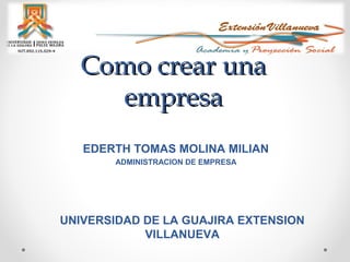 Como crear una
empresa
EDERTH TOMAS MOLINA MILIAN
ADMINISTRACION DE EMPRESA

UNIVERSIDAD DE LA GUAJIRA EXTENSION
VILLANUEVA

 