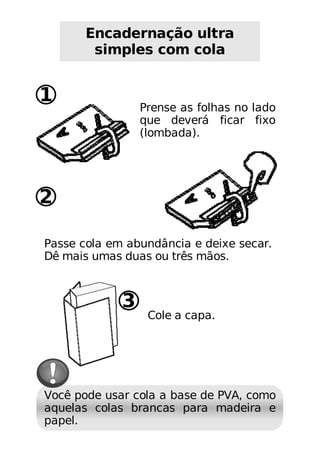 Encadernação ultra
        simples com cola


1
                 Prense as folhas no lado
                 que deverá ficar fixo
                 (lombada).




2

Passe cola em abundância e deixe secar.
Dê mais umas duas ou três mãos.



             3
                  Cole a capa.




Você pode usar cola a base de PVA, como
aquelas colas brancas para madeira e
papel.
 