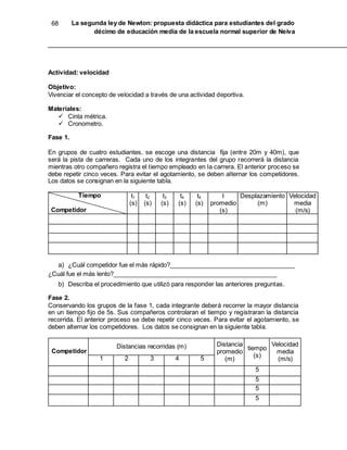 68 La segunda ley de Newton: propuesta didáctica para estudiantes del grado
décimo de educación media de la escuela normal superior de Neiva
Actividad: velocidad
Objetivo:
Vivenciar el concepto de velocidad a través de una actividad deportiva.
Materiales:
 Cinta métrica.
 Cronometro.
Fase 1.
En grupos de cuatro estudiantes, se escoge una distancia fija (entre 20m y 40m), que
será la pista de carreras. Cada uno de los integrantes del grupo recorrerá la distancia
mientras otro compañero registra el tiempo empleado en la carrera. El anterior proceso se
debe repetir cinco veces. Para evitar el agotamiento, se deben alternar los competidores.
Los datos se consignan en la siguiente tabla.
Tiempo
Competidor
t1
(s)
t2
(s)
t3
(s)
t4
(s)
t5
(s)
t
promedio
(s)
Desplazamiento
(m)
Velocidad
media
(m/s)
a) ¿Cuál competidor fue el más rápido?____________________________________
¿Cuál fue el más lento?_______________________________________________
b) Describa el procedimiento que utilizó para responder las anteriores preguntas.
Fase 2.
Conservando los grupos de la fase 1, cada integrante deberá recorrer la mayor distancia
en un tiempo fijo de 5s. Sus compañeros controlaran el tiempo y registraran la distancia
recorrida. El anterior proceso se debe repetir cinco veces. Para evitar el agotamiento, se
deben alternar los competidores. Los datos se consignan en la siguiente tabla.
Competidor
Distancias recorridas (m) Distancia
promedio
(m)
tiempo
(s)
Velocidad
media
(m/s)1 2 3 4 5
5
5
5
5
 