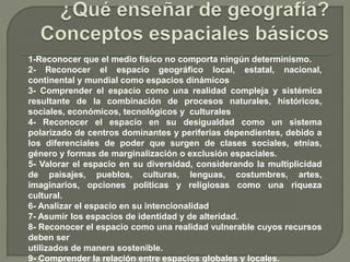 1-Reconocer que el medio físico no comporta ningún determinismo.
2- Reconocer el espacio geográfico local, estatal, nacional,
continental y mundial como espacios dinámicos
3- Comprender el espacio como una realidad compleja y sistémica
resultante de la combinación de procesos naturales, históricos,
sociales, económicos, tecnológicos y culturales
4- Reconocer el espacio en su desigualdad como un sistema
polarizado de centros dominantes y periferias dependientes, debido a
los diferenciales de poder que surgen de clases sociales, etnias,
género y formas de marginalización o exclusión espaciales.
5- Valorar el espacio en su diversidad, considerando la multiplicidad
de paisajes, pueblos, culturas, lenguas, costumbres, artes,
imaginarios, opciones políticas y religiosas como una riqueza
cultural.
6- Analizar el espacio en su intencionalidad
7- Asumir los espacios de identidad y de alteridad.
8- Reconocer el espacio como una realidad vulnerable cuyos recursos
deben ser
utilizados de manera sostenible.
9- Comprender la relación entre espacios globales y locales.
 