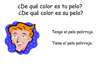 ¿De qué color es tu pelo?  ¿De qué color es su pelo? Tengo el pelo pelirrojo. Tiene el pelo pelirrojo. 