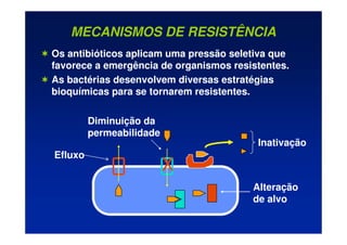 MECANISMOS DE RESISTÊNCIA
X
Efluxo
Inativação
Diminuição da
permeabilidade
Alteração
de alvo
 Os antibióticos aplicam uma pressão seletiva que
favorece a emergência de organismos resistentes.
 As bactérias desenvolvem diversas estratégias
bioquímicas para se tornarem resistentes.
 