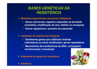 BASES GENÉTICAS DA
RESISTÊNCIA
 Mutações espontâneas nos genes endógenos
 Genes estruturais: espectro expandido da atividade
enzimática, modificação do alvo, defeito no transporte
 Genes regulatórios: aumento da expressão
 Aquisição de sequências exógenas
 Geralmente genes que codificam enzimas
inativadoras ou alvos modificados, genes reguladores
 Mecanismos de transferência de DNA: conjugação;
transformação; transdução
 Expressão de genes de resistência
 Biofilmes
 