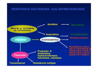 RESISTÊNCIA BACTERIANA AOS ANTIMICROBIANOS
RESISTÊNCIA BACTERIANA AOS ANTIMICROBIANOS
Natural ou intrínseca
ou Constitutiva
Aeróbios
Anaeróbios Aminoglicosídeos
Adquirida Cromossômica
Mutação de genes
Resistência única-
não é transmitida de
célula para célula a
menos que o gene
esteja em integron
Plasmidial
Transmissível Resistência múltipla
Produção: ß-
lactamases,
fosfotransferases,
hidrolases, redutases.
Metronidazol
 