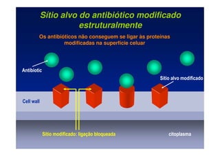 Cell wall
Sítio alvo modificado
Antibiotic
Sítio modificado: ligação bloqueada
Os antibióticos não conseguem se ligar às proteínas
modificadas na superfície celuar
citoplasma
Sítio alvo do antibiótico modificado
estruturalmente
 