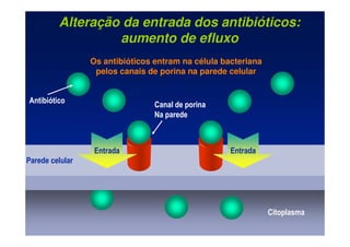 Citoplasma
Parede celular
Canal de porina
Na parede
Antibiótico
Entrada Entrada
Os antibióticos entram na célula bacteriana
pelos canais de porina na parede celular
Alteração da entrada dos antibióticos:
aumento de efluxo
 