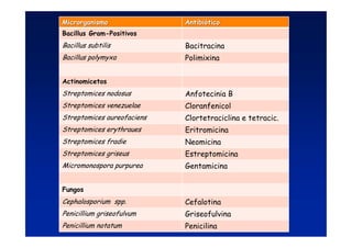 Microrganismo
Microrganismo Antibi
Antibió
ótico
tico
Bacillus Gram-Positivos
Bacillus subtilis Bacitracina
Bacillus polymyxa Polimixina
Actinomicetos
Streptomices nodosus Anfotecinia B
Streptomices venezuelae Cloranfenicol
Streptomices aureofaciens Clortetraciclina e tetracic.
Streptomices erythraues Eritromicina
Streptomices fradie Neomicina
Streptomices griseus Estreptomicina
Micromonospora purpurea Gentamicina
Fungos
Cephalosporium spp. Cefalotina
Penicillium griseofulvum Griseofulvina
Penicillium notatum Penicilina
 