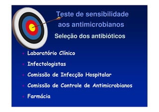 Teste de sensibilidade
Teste de sensibilidade
aos antimicrobianos
aos antimicrobianos
• Laboratório Clínico
• Infectologistas
• Comissão de Infecção Hospitalar
• Comissão de Controle de Antimicrobianos
• Farmácia
Sele
Seleç
ção dos antibi
ão dos antibió
óticos
ticos
 
