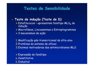 Testes de Sensibilidade
Testes de Sensibilidade
 Teste de indução (Teste de D)
Estafilococos – apresentam fenótipo MLSB de
indução
Macrolídeos, Lincosaminas e Estreptograminas
3 mecanismos de ação:
1. Modificação pós-transcricional do sítio-alvo
2.Protéinas do sistema de efluxo
3.Enzimas inativadoras dos antimicrobianos MLS
Expressão do fenótipo:
a. Constitutiva
b.Induzível
 