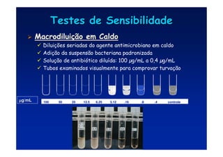 Testes de Sensibilidade
Testes de Sensibilidade

 Macrodilui
Macrodiluiç
ção em Caldo
ão em Caldo
 Diluições seriadas do agente antimicrobiano em caldo
 Adição da suspensão bacteriana padronizada
 Solução de antibiótico diluída: 100 µg/mL a 0,4 µg/mL
 Tubos examinados visualmente para comprovar turvação
100 50 25 12.5 6.25 3.
100 50 25 12.5 6.25 3.12 .16 .8 .4 controle
12 .16 .8 .4 controle
µ
µ
µ
µ
µ
µ
µ
µg/mL
g/mL
 