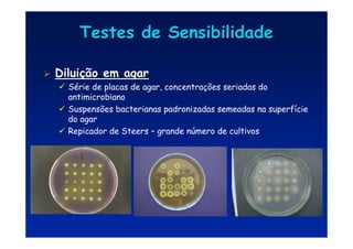 Testes de Sensibilidade
Testes de Sensibilidade

 Dilui
Diluiç
ção em agar
ão em agar
 Série de placas de agar, concentrações seriadas do
antimicrobiano
 Suspensões bacterianas padronizadas semeadas na superfície
do agar
 Repicador de Steers – grande número de cultivos
 