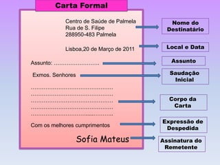 Carta FormalCentro de Saúde de PalmelaRua de S. Filipe 288950-483 PalmelaNome do DestinatárioLocal e DataLisboa,20 de Março de 2011AssuntoAssunto: …………………….Saudação InicialExmos. Senhores………………………………………………………………………………………………………………………………………………………………………………………….....………..Corpo da CartaExpressão de DespedidaCom os melhores cumprimentosSofia MateusAssinatura do Remetente