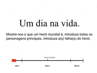 Um dia na vida.
Mostre-nos o que um herói mundial é, introduza todos os
personagens principais, introduza a(s) falha(s) do herói.
PONTO CENTRAL
ATO I ATO II ATO III
 