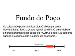 Fundo do Poço
As coisas não poderiam ficar pior. O vilões parecem
incontroláveis. Toda a esperança foi perdida. O amor deixou
o herói (geralmente por causa da FALHA do herói). E somente
quando as coisas estão no ápice do desespero...
PONTO CENTRAL
ATO I ATO II ATO III
 