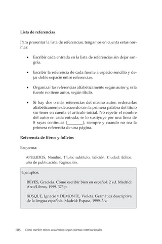 106 Cómo escribir textos académicos según normas internacionales
Lista de referencias
Para presentar la lista de referencias, tengamos en cuenta estas nor-
mas:
• Escribir cada entrada en la lista de referencias sin dejar san-
gría.
• Escribir la referencia de cada fuente a espacio sencillo y de-
jar doble espacio entre referencias.
• Organizar las referencias alfabéticamente según autor y, si la
fuente no tiene autor, según título.
• Si hay dos o más referencias del mismo autor, ordenarlas
alfabéticamente de acuerdo con la primera palabra del título
sin tener en cuenta el artículo inicial. No repetir el nombre
del autor en cada entrada; se lo sustiyuye por una línea de
8 rayas continuas (________), siempre y cuando no sea la
primera referencia de una página.
Referencia de libros y folletos
Esquema:
APELLIDOS, Nombre. Título: subtítulo. Edición. Ciudad: Editor,
año de publicación. Paginación.
  Ejemplos:
REYES, Graciela. Cómo escribir bien en español. 2 ed. Madrid:
Arco/Libros, 1999. 375 p.
BOSQUE, Ignacio y DEMONTE, Violeta. Gramática descriptiva
de la lengua española. Madrid: Espasa, 1999. 3 v.
 