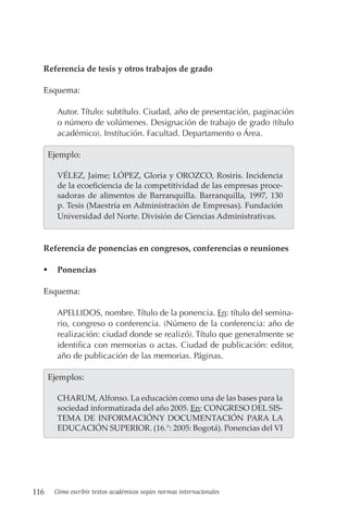 116 Cómo escribir textos académicos según normas internacionales
Referencia de tesis y otros trabajos de grado
Esquema:
Autor. Título: subtítulo. Ciudad, año de presentación, paginación
o número de volúmenes. Designación de trabajo de grado (título
académico). Institución. Facultad. Departamento o Área.
  Ejemplo:
VÉLEZ, Jaime; LÓPEZ, Gloria y OROZCO, Rosiris. Incidencia
de la ecoeficiencia de la competitividad de las empresas proce-
sadoras de alimentos de Barranquilla. Barranquilla, 1997, 130
p. Tesis (Maestría en Administración de Empresas). Fundación
Universidad del Norte. División de Ciencias Administrativas.
Referencia de ponencias en congresos, conferencias o reuniones
 Ponencias
Esquema:
APELLIDOS, nombre. Título de la ponencia. En: título del semina-
rio, congreso o conferencia. (Número de la conferencia: año de
realización: ciudad donde se realizó). Título que generalmente se
identifica con memorias o actas. Ciudad de publicación: editor,
año de publicación de las memorias. Páginas.
  Ejemplos:
CHARUM, Alfonso. La educación como una de las bases para la
sociedad informatizada del año 2005. En: CONGRESO DEL SIS-
TEMA DE INFORMACIÓNY DOCUMENTACIÓN PARA LA
EDUCACIÓN SUPERIOR. (16.°: 2005: Bogotá). Ponencias del VI
 