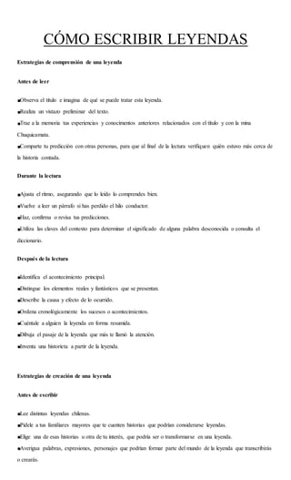 CÓMO ESCRIBIR LEYENDAS
Estrategias de comprensión de una leyenda
Antes de leer
Observa el título e imagina de qué se puede tratar esta leyenda.
Realiza un vistazo preliminar del texto.
Trae a la memoria tus experiencias y conocimentos anteriores relacionados con el título y con la mina
Chuquicamata.
Comparte tu predicción con otras personas, para que al final de la lectura verifiquen quién estuvo más cerca de
la historia contada.
Durante la lectura
Ajusta el ritmo, asegurando que lo leído lo comprendes bien.
Vuelve a leer un párrafo si has perdido el hilo conductor.
Haz, confirma o revisa tus predicciones.
Utiliza las claves del contexto para determinar el significado de alguna palabra desconocida o consulta el
diccionario.
Después de la lectura
Identifica el acontecimiento principal.
Distingue los elementos reales y fantásticos que se presentan.
Describe la causa y efecto de lo ocurrido.
Ordena cronológicamente los sucesos o acontecimientos.
Cuéntale a alguien la leyenda en forma resumida.
Dibuja el pasaje de la leyenda que más te llamó la atención.
Inventa una historieta a partir de la leyenda.
Estrategias de creación de una leyenda
Antes de escribir
Lee distintas leyendas chilenas.
Pídele a tus familiares mayores que te cuenten historias que podrían considerarse leyendas.
Elige una de esas historias u otra de tu interés, que podría ser o transformarse en una leyenda.
Averigua palabras, expresiones, personajes que podrían formar parte del mundo de la leyenda que transcribirás
o crearás.
 