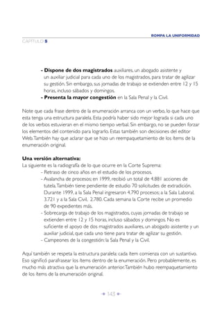 ROMPA LA UNIFORMIDAD
CAPÍTULO 5




         - Dispone de dos magistrados auxiliares, un abogado asistente y
           un auxiliar judicial para cada uno de los magistrados, para tratar de agilizar
           su gestión. Sin embargo, sus jornadas de trabajo se extienden entre 12 y 15
           horas, incluso sábados y domingos.
         - Presenta la mayor congestión en la Sala Penal y la Civil.

Note que cada frase dentro de la enumeración arranca con un verbo, lo que hace que
esta tenga una estructura paralela. Esta podría haber sido mejor lograda si cada uno
de los verbos estuvieran en el mismo tiempo verbal. Sin embargo, no se pueden forzar
los elementos del contenido para lograrlo. Estas también son decisiones del editor
Web. También hay que aclarar que se hizo un reempaquetamiento de los ítems de la
enumeración original.

Una versión alternativa:
La siguiente es la radiografía de lo que ocurre en la Corte Suprema:
          - Retraso de cinco años en el estudio de los procesos.
          - Avalancha de procesos; en 1999, recibió un total de 4.881 acciones de
            tutela. También tiene pendiente de estudio 70 solicitudes de extradición.
            Durante 1999, a la Sala Penal ingresaron 4.790 procesos; a la Sala Laboral,
            3.721 y a la Sala Civil, 2.780. Cada semana la Corte recibe un promedio
            de 90 expedientes más.
          - Sobrecarga de trabajo de los magistrados, cuyas jornadas de trabajo se
            extienden entre 12 y 15 horas, incluso sábados y domingos. No es
            suﬁciente el apoyo de dos magistrados auxiliares, un abogado asistente y un
            auxiliar judicial, que cada uno tiene para tratar de agilizar su gestión.
          - Campeones de la congestión: la Sala Penal y la Civil.

Aquí también se respeta la estructura paralela: cada ítem comienza con un sustantivo.
Eso signiﬁcó parafrasear los ítems dentro de la enumeración. Pero probablemente, es
mucho más atractiva que la enumeración anterior. También hubo reempaquetamiento
de los ítems de la enumeración original.


                                       Î 143 ∂
 