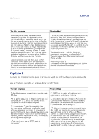 EJEMPLOS
APÉNDICE




Versión impresa                                   Versión Web

 Menudas vacaciones de verano está                Las vacaciones de verano del primer ministro
 pasando Tony Blair. Porque si el primer          británico, Tony Blair, escandalizan al Reino
 ministro británico esperaba tomarse un par       Unido, al revelarse que el castillo donde se
 de semanas de descanso junto a su familia,       aloja fue escenario para la ﬁlmación de varias
 tocando la guitarra y dando buena cuenta de      películas pornográﬁcas y por el error de sus
 las novelas que hace tiempo descansaban          asesores que confundieron el nombre de una
 en su mesa de noche, lo mejor habría sido        aerolínea y le hicieron perder una millonaria
 que se hubiera quedado muy tranquilo en          inversión publicitaria.
 el numero 10 de Downing Street, la sede
 londinense del Gobierno, en lugar de haber       Versión ajustada 1, a la luz de otros
 viajado a la playa en la costa oeste de Gran     conceptos expuestos en el capítulo 5:
 Bretaña y al hermoso sur de Francia.             Vacaciones de Tony Blair escandalizan al
                                                  Reino Unido
 Las desgracias para los Blair, que se han
 ventilado todos estos días en los medios         Versión ajustada 2
 de comunicación de su país, empezaron en         En castillo usado para ﬁlmar películas porno
 el mismo momento en que se supieron los          pasará vacaciones Tony Blair
 destinos vacacionales del primer ministro.


Capítulo 5
Ejemplo de procesamiento para el ambiente Web de entrevista pregunta-respuesta:

Vea al ﬁnal del ejemplo, un análisis de la versión Web:

Versión impresa                                   Versión Web

 Colombia inaugura un centro comercial cada       El 2006 fue el mejor año del comercio
 23 días                                          colombiano en toda su historia
 Allí la gente adquiere el 20 por ciento de sus   El presidente de la Federación Nacional de
 compras; en E. U. el 70 por ciento de las        Comerciantes (Fenalco) Guillermo Botero,
 compras se hace en estos lugares.                presidente de la Federación Nacional de
                                                  Comerciantes, así lo asegura.
 El comercio en Colombia rompió todas
 las marcas de su historia en el país, en el      “El último trimestre mostró un crecimiento
 año que acaba de terminar. El empresario         del 14,03 por ciento del comercio; calculo
 Guillermo Botero, quien ocupa la presidencia     que vamos a cerrar el año en el 16 por
 de la Federación Nacional de Comerciantes,       ciento; si a esa cifra le agregamos inﬂación,
 Fenalco, desde hace casi 4 años, así lo revela   el crecimiento será del orden del 20 por
 en el siguiente reportaje.                       ciento. Nunca hubo un incremento tan
                                                  signiﬁcativo. Si le quitamos el renglón de
 ¿Qué tan bueno fue el 2006 para el               vehículos que fue el gran ‘jalonador’, el
 comercio?                                        crecimiento quedaría en 9.52 por ciento,
                                                  que también es alto. Hubo un crecimiento


                                           Î 209 ∂
 