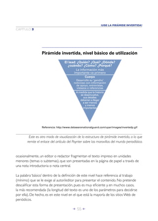 ¡USE LA PIRÁMIDE INVERTIDA!
CAPÍTULO 3




                  Pirámide invertida, nivel básico de utilización
                                   El lead: ¿Quién? ¿Qué? ¿Dónde?
                                     ¿cuándo? ¿Cómo? ¿Porqué?
                                           La información más
                                          importante va primero
                                                  Cuerpo
                                            Desarrolle su ‘gancho’
                                          noticioso con información
                                            de apoyo, entrevistas,
                                            vistazos o referencias
                                            A medida que la historia
                                               se desenvuelve,
                                                 sus detalles
                                               deberían a llegar
                                                 a ser menos
                                                   y menos
                                                 importantes




                  Referencia: http://www.delawarenationalguard.com/upar/images/invertedp.gif


         Este es otro modo de visualización de la estructura de pirámide invertida, a la que
        remite el enlace del artículo del Poynter sobre las maravillas del mundo periodístico.


ocasionalmente, un editor o redactor fragmentan el texto impreso en unidades
menores (temas o subtemas), que son presentadas en la página de papel a través de
una nota introductoria o nota central.

La palabra ‘básico’ dentro de la deﬁnición de este nivel hace referencia al trabajo
(mínimo) que se le exige al autor/editor para presentar el contenido. No pretende
descaliﬁcar esta forma de presentación, pues es muy eﬁciente y, en muchos casos,
la más recomendada (la longitud del texto es uno de los parámetros para decidirse
por ella). De hecho, es en este nivel en el que está la mayoría de los sitios Web de
periódicos.

                                         Î 55 ∂
 