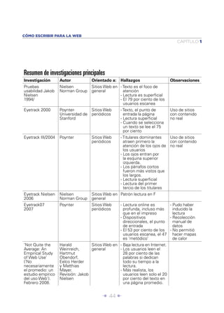 Î 44 ∂
CAPÍTULO 1
CÓMO ESCRIBIR PARA LA WEB
Resumen de investigaciones principales
Investigación Autor Orientado a: Hallazgos Observaciones
Pruebas
usabilidad Jakob
Nielsen
1994/
Nielsen
Norman Group
Sitios Web en
general
- Texto es el foco de
atención
- Lectura es superﬁcial
- El 79 por ciento de los
usuarios escanea
Eyetrack 2000 Poynter-
Universidad de
Stanford
Sitios Web
periódicos
- Texto, el punto de
entrada la página
- Lectura superﬁcial
- Cuando se selecciona
un texto se lee el 75
por ciento
Uso de sitios
con contenido
no real
Eyetrack III/2004 Poynter Sitios Web
periódicos
- Titulares dominantes
atraen primero la
atención de los ojos de
los usuarios
- Los ojos entran por
la esquina superior
izquierda.
- Los párrafos cortos
fueron más vistos que
los largos.
- Lectura superﬁcial
- Lectura del primer
tercio de los titulares
Uso de sitios
con contenido
no real
Eyetrack Nielsen
2006
Nielsen
Norman Group
Sitios Web en
general
Patrón lectura en F
Eyetrack07
2007
Poynter Sitios Web
periódicos
- Lectura online es
profunda, incluso más
que en el impreso
- Dispositivos
direccionales, el punto
de entrada
- El 53 por ciento de los
usuarios escanea, el 47
es ‘metódico’
- Pudo haber
inducido la
lectura
- Recolección
manual de
datos
- No permitió
hacer mapas
de calor
‘Not Quite the
Average: An
Empirical Study
of Web Use’
(‘No
necesariamente
el promedio: un
estudio empírico
del uso Web’).
Febrero 2008.
Harald
Weinreich,
Hartmut
Obendorf,
Eelco Herder
y Matthias
Mayer.
Revisión: Jakob
Nielsen
Sitios Web en
general
- Baja lectura en Internet.
- Los usuarios leen el
28 por ciento de las
palabras si dedican
todo su tiempo a la
lectura.
- Más realista, los
usuarios leen solo el 20
por ciento del texto en
una página promedio.
 