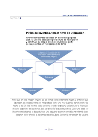 Î 59 ∂
CAPÍTULO 3
¡USE LA PIRÁMIDE INVERTIDA!
Pirámides ﬂotantes ubicadas en diferentes páginas
Web. El usuario escoge su propia ruta de navegación
y construye su propia pirámide invertida a partir
de la presentación y exposición del tema
Pirámide invertida, tercer nivel de utilización
Note que en esta imagen ninguno de los temas tiene un tamaño mayor. El orden en que
aparecen los enlaces podría ser interpretado como una ruta sugerida por el autor, y de
hecho lo es. En este modelo, cada subtema se debe explicar y sostener por sí mismo, es
decir, no depender de los demás, solo del principal expuesto primero. Cada uno debe ser
desarrollado siguiendo la estructura de una pequeña pirámide invertida.Así mismo, todos
deberían tener enlaces a los temas restantes, para facilitar la navegación del usuario.
Arranque, exposición de
subtemas como enlaces a
diferentes página
Subtema Subtema
Subtema
Subtema Subtema
 