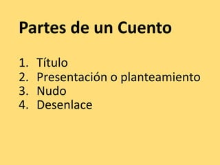 Partes de un CuentoTítuloPresentación o planteamientoNudoDesenlace