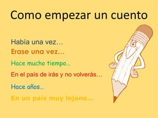 Debe tener relación con el cuentoPresentación o planteamientoEn esta parte debemos escribir:Los personajes que aparecen en nuestra historia