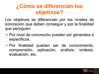 ¿Cómo se diferencian los
objetivos?
Los objetivos se diferencian por los niveles de
concreción que deben conseguir y por la finalidad
que persiguen:
● Por nivel de concreción pueden ser generales o
específicos.
● Por finalidad pueden ser de conocimiento,
comprensión, aplicación, análisis, síntesis,
evaluación, etc.
 
