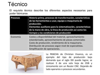 Técnico
El requisito técnico describe los diferentes aspectos necesarias para
poder fabricarse.
Procesos Materia prima, procesos de transformación, características
de las herramientas a usar, equipo o maquinaria de
producción.
Elementos auxiliares para la sistematización, características
de la mano de obra, la línea de producción así como los
tiempos y las condiciones de producción
Economía Costos y disponibilidad del material, aprovechamiento
estandarizado, aprovechamiento de piezas comerciales
Costo de producción, rendimiento de la maquinaria.
Distribución de procesos según nivel de especialistas.
Simplificación de operaciones.
La PANCHA de Christian Vivanco, es un
ejemplo del tipo de producción bajo
demanda que el siglo XXI puede lograr, se
realizan 3 de una sola hoja de OSB y
únicamente con un Reuter CNC. Dejando de
lado operarios o procesos secundarios.
 