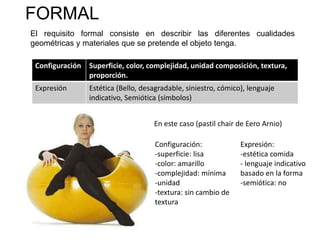 FORMAL
El requisito formal consiste en describir las diferentes cualidades
geométricas y materiales que se pretende el objeto tenga.
Configuración Superficie, color, complejidad, unidad composición, textura,
proporción.
Expresión Estética (Bello, desagradable, siniestro, cómico), lenguaje
indicativo, Semiótica (símbolos)
En este caso (pastil chair de Eero Arnio)
Configuración:
-superficie: lisa
-color: amarillo
-complejidad: mínima
-unidad
-textura: sin cambio de
textura
Expresión:
-estética comida
- lenguaje indicativo
basado en la forma
-semiótica: no
 