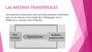 LAS MATERIAS TRANSVERSALES
Las materias transversales del currículo plantean reflexiones
que no son nuevas en el campo de la Pedagogía, de la
Didáctica o, incluso, de la Filosofía
 
