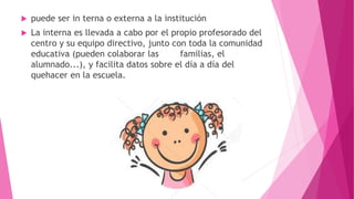  puede ser in terna o externa a la institución
 La interna es llevada a cabo por el propio profesorado del
centro y su equipo directivo, junto con toda la comunidad
educativa (pueden colaborar las familias, el
alumnado...), y facilita datos sobre el día a día del
quehacer en la escuela.
 