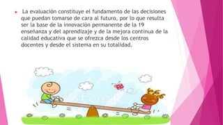  La evaluación constituye el fundamento de las decisiones
que puedan tomarse de cara al futuro, por lo que resulta
ser la base de la innovación permanente de la 19
enseñanza y del aprendizaje y de la mejora continua de la
calidad educativa que se ofrezca desde los centros
docentes y desde el sistema en su totalidad.
 
