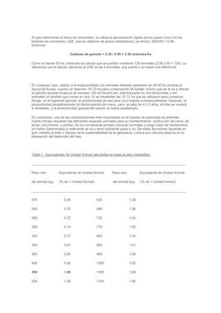 Si para determinar el factor de conversión, se utiliza la aproximación rápida de los pesos vivos (no los
factores de conversión, UAE, que se obtienen de pesos metabólicos), se tendrá: 400/450 = 0.89,
entonces:
Cabezas de ganado = 2.28 / 0.89 = 2.56 animales/ha
Como se tienen 50 ha, entonces se calcula que se pueden mantener 128 animales (2.56 x 50 = 128). La
diferencia con el cálculo utilizando el UAE es de 4 animales, que puede o no hacer una diferencia.
En cualquier caso, debido a la estacionalidad, los animales deberán pastorear en 38-40 ha durante la
época de lluvias, cuando se reserven 10-12 ha para conservación de forraje, mismo que se le va a ofrecer
al ganado durante la época de escasez. De no hacerlo así, sobrará pasto en una temporada, y los
animales no tendrán que comer en otra. Si se rehabilitan las 10-12 ha que se utilizaron para conservar
forraje, en el siguiente período, la productividad de esa área va a mejorar substancialmente. Después, la
productividad paulatinamente irá disminuyendo de nuevo, pero, al cabo de 4 ó 5 años, el área se volverá
a rehabilitar, y la productividad general del rancho se habrá estabilizado.
En conclusión, una de las consideraciones más importantes en el manejo de pastizales es entender
cuanto forraje requieren las diferentes especies animales para su mantenimiento, producción de carne, de
leche, crecimiento, y preñez. No es conveniente primero compran animales y luego tratar de mantenerlos
sin haber determinado si realmente se va a tener suficiente pasto o no. De estas decisiones depende en
gran medida el éxito o fracaso de la sustentabilidad de la ganadería, y estos son cálculos básicos en la
planeación del desarrollo del hato.
Tabla 1. Equivalentes de Unidad Animal calculados en base al peso metabólico
___________________________________________________________________________________
Peso vivo Equivalente de Unidad Animal Peso vivo Equivalente de Unidad Animal
del animal (kg) (% de 1 Unidad Animal) del animal (kg) (% de 1 Unidad Animal)
___________________________________________________________________________________
270 0.68 630 1.29
280 0.70 680 1.36
290 0.72 720 1.42
300 0.74 770 1.50
320 0.77 800 1.54
340 0.81 850 1.61
360 0.85 900 1.68
400 0.92 1000 1.82
450 1.00 1050 1.89
500 1.08 1100 1.96
 