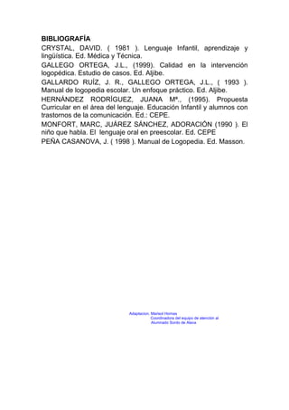 BIBLIOGRAFÍA
CRYSTAL, DAVID. ( 1981 ). Lenguaje Infantil, aprendizaje y
lingüística. Ed. Médica y Técnica.
GALLEGO ORTEGA, J.L., (1999). Calidad en la intervención
logopédica. Estudio de casos. Ed. Aljibe.
GALLARDO RUÍZ, J. R., GALLEGO ORTEGA, J.L., ( 1993 ).
Manual de logopedia escolar. Un enfoque práctico. Ed. Aljibe.
HERNÁNDEZ RODRÍGUEZ, JUANA Mª., (1995). Propuesta
Curricular en el área del lenguaje. Educación Infantil y alumnos con
trastornos de la comunicación. Ed.: CEPE.
MONFORT, MARC, JUÁREZ SÁNCHEZ, ADORACIÓN (1990 ). El
niño que habla. El lenguaje oral en preescolar. Ed. CEPE
PEÑA CASANOVA, J. ( 1998 ). Manual de Logopedia. Ed. Masson.




                            Adaptacion. Marisol Hornas
                                        Coordinadora del equipo de atención al
                                        Alumnado Sordo de Alava
 