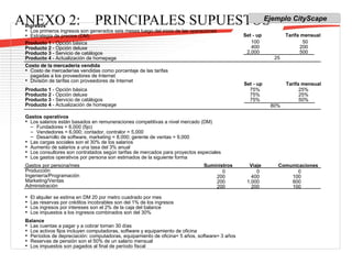 ANEXO 2:  PRINCIPALES SUPUESTOS Ingresos Los primeros ingresos son generados seis meses luego del inicio de las operaciones Estrategia de precios (DM) Producto 1  - Opción básica Producto 2  - Opción deluxe Producto 3  - Servicio de catálogos Producto 4  - Actualización de homepage Costo de la mercadería vendida Costo de mercaderías vendidas como porcentaje de las tarifas pagadas a los proveedores de Internet División de tarifas con proveedores de Internet Producto 1  - Opción básica Producto 2  - Opción deluxe Producto 3  - Servicio de catálogos Producto 4  - Actualización de homepage Gastos operativos Los salarios están basados en remuneraciones competitivas a nivel mercado (DM) Fundadores = 6,000 (fijo) Vendedores = 6,000; contador, contralor = 5,000 Desarrollo de software, marketing = 8,000; gerente de ventas = 9,000 Las cargas sociales son el 30% de los salarios Aumento de salarios a una tasa del 3% anual Los consultores son contratados según tarifas de mercados para proyectos especiales Los gastos operativos por persona son estimados de la siguiente forma Gastos por persona/mes Producción Ingeniería/Programación Marketing/Ventas Administración El alquiler se estima en DM 20 por metro cuadrado por mes Las reservas por créditos incobrables son del 1% de los ingresos Los ingresos por intereses son el 2% de la caja del balance Los impuestos a los ingresos combinados son del 30% Balance Las cuentas a pagar y a cobrar toman 30 días Los activos fijos incluyen computadoras, software y equipamiento de oficina Períodos de depreciación: computadoras, equipamiento de oficina= 5 años, software= 3 años Reservas de pensión son el 50% de un salario mensual Los impuestos son pagados al final de período fiscal Set - up Tarifa mensual 100 400 2,000 50 200 500 25 Set - up Tarifa mensual 75% 75% 75% 25% 25% 50% 80% 0 200 200 200 0 400 1,000 200 Suministros Viaje Comunicaciones 0 100 600 100 Ejemplo CityScape 