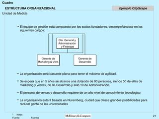 ESTRUCTURA ORGANIZACIONAL El equipo de gestión está compuesto por los socios fundadores, desempeñándose en los siguientes cargos: Gte. General y  Administración  y Finanzas Gerente de Marketing & Vent. Gerente de Desarrollo La organización será bastante plana para tener el máximo de agilidad.  Se espera que en 5 años se alcance una dotación de 90 personas, siendo 50 de ellas de marketing y ventas, 30 de Desarrollo y sólo 10 de Administración. El personal de ventas y desarrollo requiere de un alto nivel de conocimiento tecnológico La organización estará basada en Nuremberg, ciudad que ofrece grandes posibilidades para reclutar gente de las universidades Ejemplo CityScape 