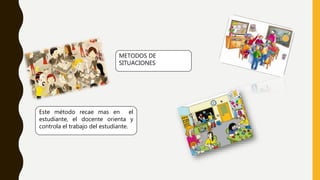 METODOS DE
SITUACIONES
Este método recae mas en el
estudiante, el docente orienta y
controla el trabajo del estudiante.
 