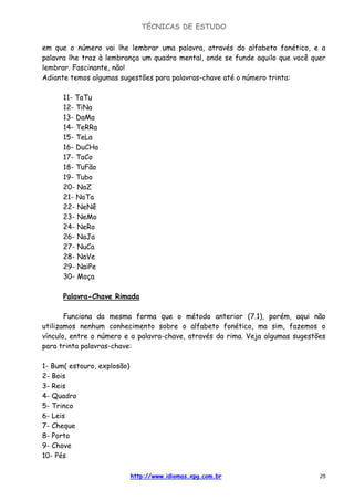 TÉCNICAS DE ESTUDO
http://www.idiomas.xpg.com.br 25
em que o número vai lhe lembrar uma palavra, através do alfabeto fonético, e a
palavra lhe traz à lembrança um quadro mental, onde se funde aquilo que você quer
lembrar. Fascinante, não!
Adiante temos algumas sugestões para palavras-chave até o número trinta:
11- TaTu
12- TiNa
13- DaMa
14- TeRRa
15- TeLa
16- DuCHa
17- TaCo
18- TuFão
19- Tubo
20- NoZ
21- NoTa
22- NeNê
23- NeMo
24- NeRo
26- NaJa
27- NuCa
28- NaVe
29- NaiPe
30- Moça
Palavra-Chave Rimada
Funciona da mesma forma que o método anterior (7.1), porém, aqui não
utilizamos nenhum conhecimento sobre o alfabeto fonético, ma sim, fazemos o
vínculo, entre o número e a palavra-chave, através da rima. Veja algumas sugestões
para trinta palavras-chave:
1- Bum( estouro, explosão)
2- Bois
3- Reis
4- Quadro
5- Trinco
6- Leis
7- Cheque
8- Porto
9- Chove
10- Pés
 