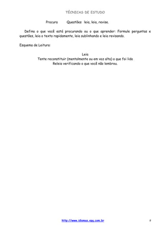 TÉCNICAS DE ESTUDO
http://www.idiomas.xpg.com.br 8
Procura Questões leia, leia, revise.
Defina o que você está procurando ou o que aprender: Formule perguntas e
questões, leia o texto rapidamente, leia sublinhando e leia revisando.
Esquema de Leitura:
Leia
Tente reconstituir (mentalmente ou em voz alta) o que foi lido
Releia verificando o que você não lembrou.
 