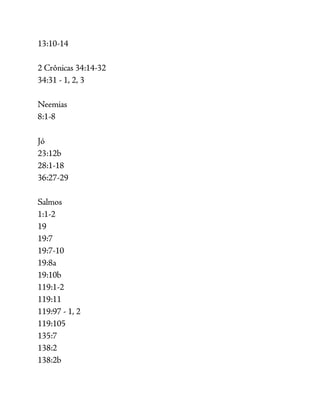 13:10-14
2 Crônicas 34:14-32
34:31 - 1, 2, 3
Neemias
8:1-8
Jó
23:12b
28:1-18
36:27-29
Salmos
1:1-2
19
19:7
19:7-10
19:8a
19:10b
119:1-2
119:11
119:97 - 1, 2
119:105
135:7
138:2
138:2b
 