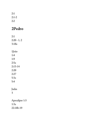 2:1
2:1-2
2:2
2Pedro
2:1
2:20 - 1, 2
3:18a
1João
1:4
1:9
2:5a
2:13-14
2:20
2:27
5:3a
5:4
Judas
3
Apocalipse 1:3
1:3a
22:18b-19
 