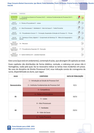 15
18
Este curso (que está em andamento), contempla 8 aulas, que abrangem 20 capítulos ao total.
Esses capítulos são distribuídos de forma didática, contudo, a cobrança em prova não é
homogênea, razão pela qual, faz-se necessário indicar os temas mais incidentes em prova.
No caso da disciplina de Direito Processual Civil, essa indicação consta do cronograma do
curso, disponibilizado ao aluno, que segue:
AULA CONTEÚDO DATA DE PÚBLICAÇÃO
Demonstrativa
1 Introdução ao Estudo do Processo Civil
9/112 Institutos Fundamentais do Processo Civil
3 Competência
01
4 Partes e Procuradores
16/11
5 Juízes
02
6 Atos Processuais
23/11
7 - Nulidades
8 Valor da Causa
9 Tutela Provisória
Diego Cerqueira Berbert Vasconcelos, Igor Maciel, Paulo Guimarães, Paulo H M Sousa, Priscila Ferreira, Renan Araujo, Ricardo
Aula 00
Como Estudar para a OAB - 2019
www.estrategiaconcursos.com.br
0
00000000000 - DEMO
 