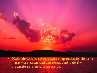 • Dispón de todo tu cerebro para el aprendizaje, siente la
  maravillosa capacidad que tienes dentro de ti y
  prepárate para ponerla en acción.
 